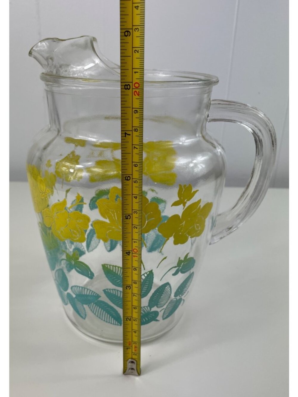 Vintage Federal Glass Pitcher Yellow Flowers Green Leaves Ice Lip Pour Spout - Picture 9 of 12
